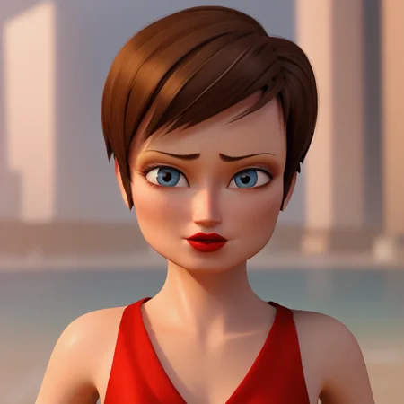 score_8_up, BREAK, 1girl, solo, RoxanneRitchi, brown hair, short hair, blue eyes, lipstick, red dress, portrait, depth of field, <lora:Roxanne_Ritchi_PXL_Leaf2:1>, 3d,