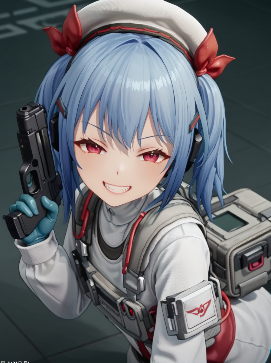 detailed background, posing, rating safe,
<lora:colphne.pony:1>,
colphne, 
looking at viewer, high angle, half-closed eyes, evil grin, gun,