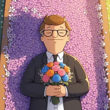 ((masterpiece, amazing_quality, colorful, detailed background, vibrant, very aesthetic, luminous lighting)), (toon \(style\):0.4), <lora:bb-mort-09:1> bb-mort, (chubby:0.5), 1boy, lying, holding bouquet, flowers, dappled sunlight, falling petals, closed eyes, glasses, formal, straight-on, from above, upper body, funeral, burial at sea