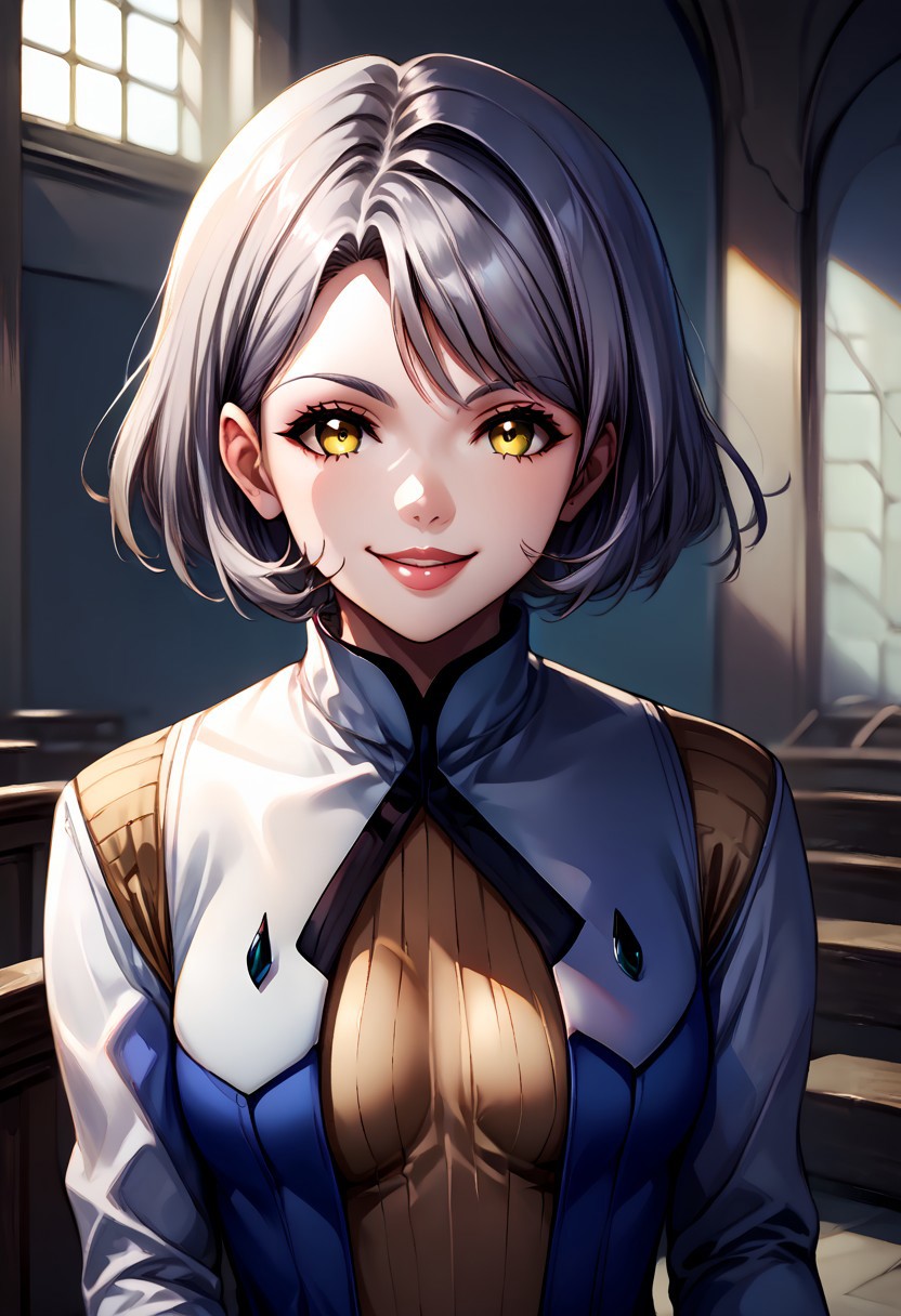 score_9, score_8_up, score_7_up, score_6_up, score_5_up, score_4_up,anime coloring BREAK source_anime,anime, detailed, intricate details, chromatic aberration, realistic, veins source_anime, 
<lora:febronia0829-sdxl-000020:1>, febronia \(xenosaga\), 1girl, solo, looking at viewer, short hair, robe, indoors, church, yellow eyes, grey hair, blue pants, turtleneck, boots, long sleeves, lips, smiling
Face Focus, Upper Body detailed eyes、detailed face and detailed skin <lora:add-detail-xl:1.0>