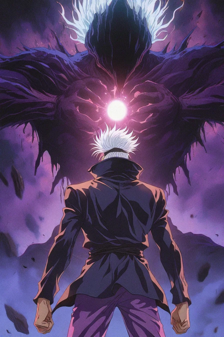 gojou satoru, white hair, purple pants, high collar, blindfold, covered eyes, black blindfold, purple jacket, purple pants, 1boy, solo, alone, monster, from behind, energy ball, <lora:dark_fantasy_anime_illustriousXL:1>, dark_fantasy_style, dark fantasy, retro, masterpiece, highres
