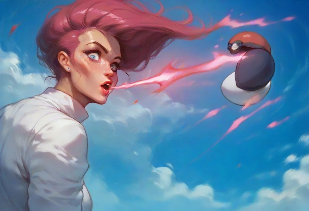 score_9, score_8_up, score_7_up, score_6_up, EPpkJessie, pokeball capture, energy conversion, pink glow, master ball, open pokeball, sucking into pokeball, surprised, looking at viewer, solo,