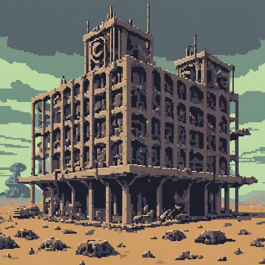 pixel-art pixelartlora . low-res, blocky, pixel art style, 8-bit graphics, pixelartlora,Fallout, Post-apocalyptic, desolate landscapes, retro-futuristic, ruined buildings, radiation, 1950s style, vaults, survival, intricate details, muted colors