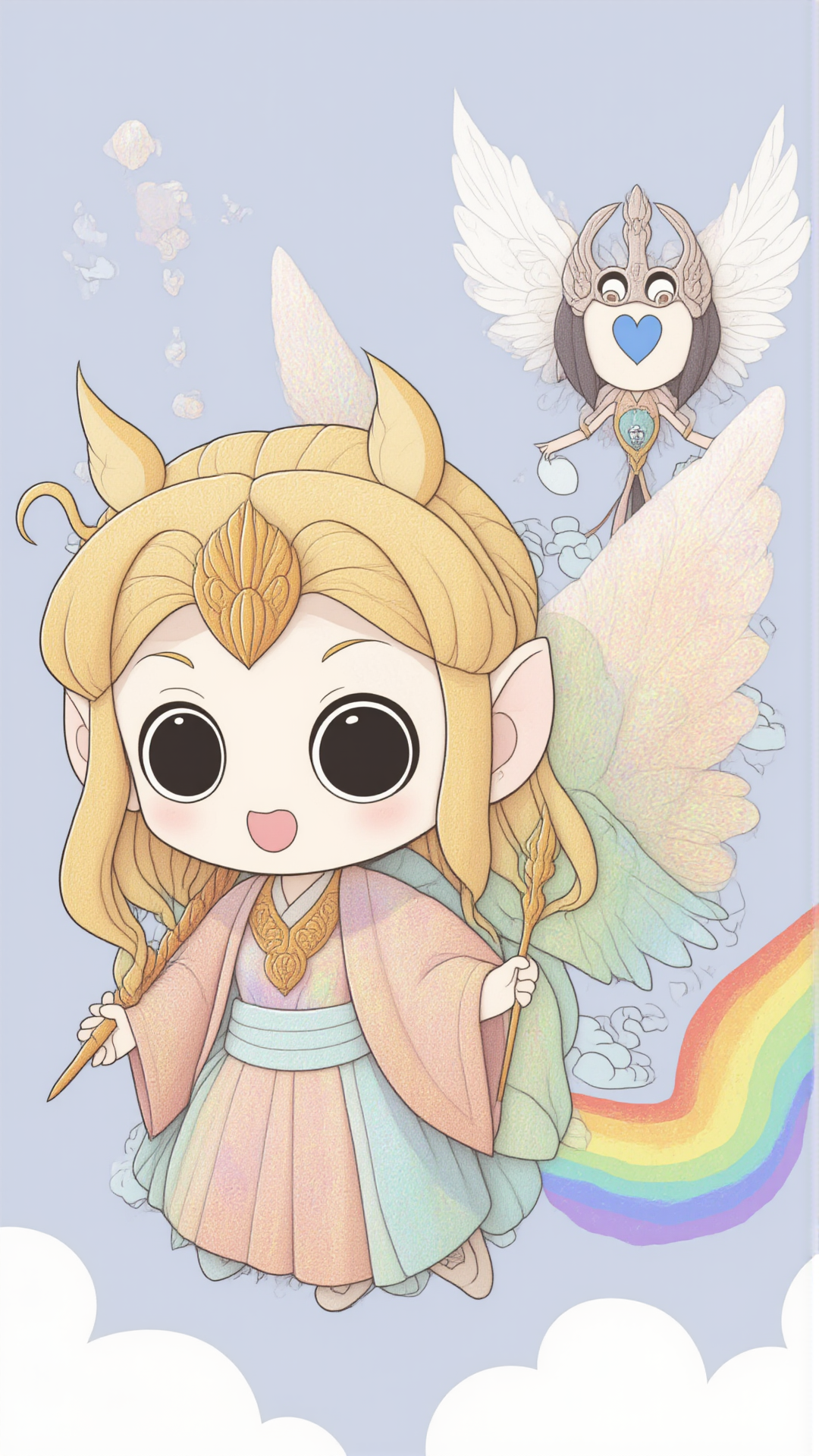 <lora:KawaiisStyle:1>kawaii style Iris, the goddess of the rainbow and messenger of the gods. A vibrant figure dressed in iridescent robes, with wings that shimmer with all colors of the rainbow. She holds a caduceus, and her expression is bright and cheerful. She soars through the sky, leaving a rainbow trail behind her.