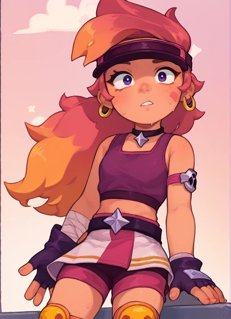 score_9, score_8_up, score_7_up, <lora:boamber:1>boamber ,1 girl , multicolored hair, long hair ,purple tank top, belt, yellow knee pads, shorts , skirt, shorts under skirt, visor cap, pink headwear, fingerless gloves, <lora:PossumMachine:1>posmach