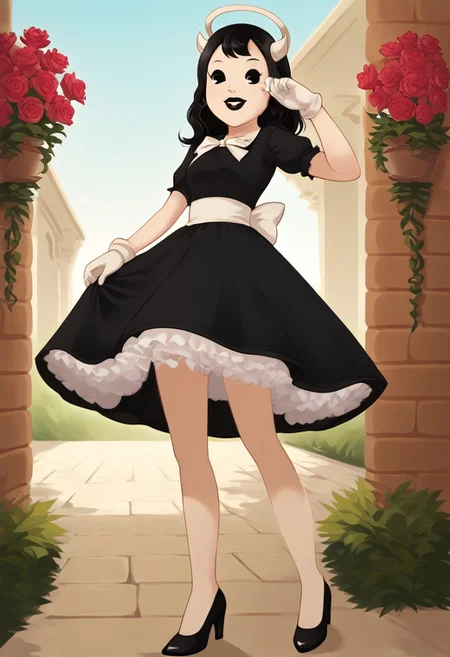 (Masterpiece, best quality:1.2), score_9, score_8_up, flat color, flat shading, soft shading, lighting, Alice Angel in a 1950's dress, a fluffy frilly ruffled full petticoat, and high heels, dress, layered petticoat, frilly petticoat, fluffy petticoat, full petticoat, wide dress, flowing dress, solid colored skirt, short sleeves, black hair, Bendy and The Ink Machine, series accurate, cute, best high quality, high res, black lips, white colored skin, whole body shot, 1girl, solo, outside, posing, in a garden, cute, adorable, smile, skirt tug, ground level angle, low upward angle, upskirt angle, schrödinger's pantsu, cartoon, cartoon style, vector, solo, circle dress, 1950s, alice angel