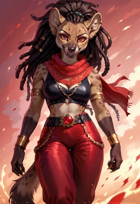 score_9, score_8_up, score_7_up, score_6_up, photorealistic, epiCPhotoGasm-colorfulPhoto, Realistic, highres, super high resolution, 8k, photo, furry, anthro, safe_pos, score_10, Red Shiv, female, hyena, very fierce face, grin, long dreadlocks, gold rings on dreadlocks, red eyes, black top with red ornaments, a red transparent scarf is thrown over the neck, transparent red bloomers, disheveled tail, gold bracelet on the hand, gold claws on the hand connected by a gold chain with a ruby, black belt, barefoot, shin tightly wrapped with black ribbon