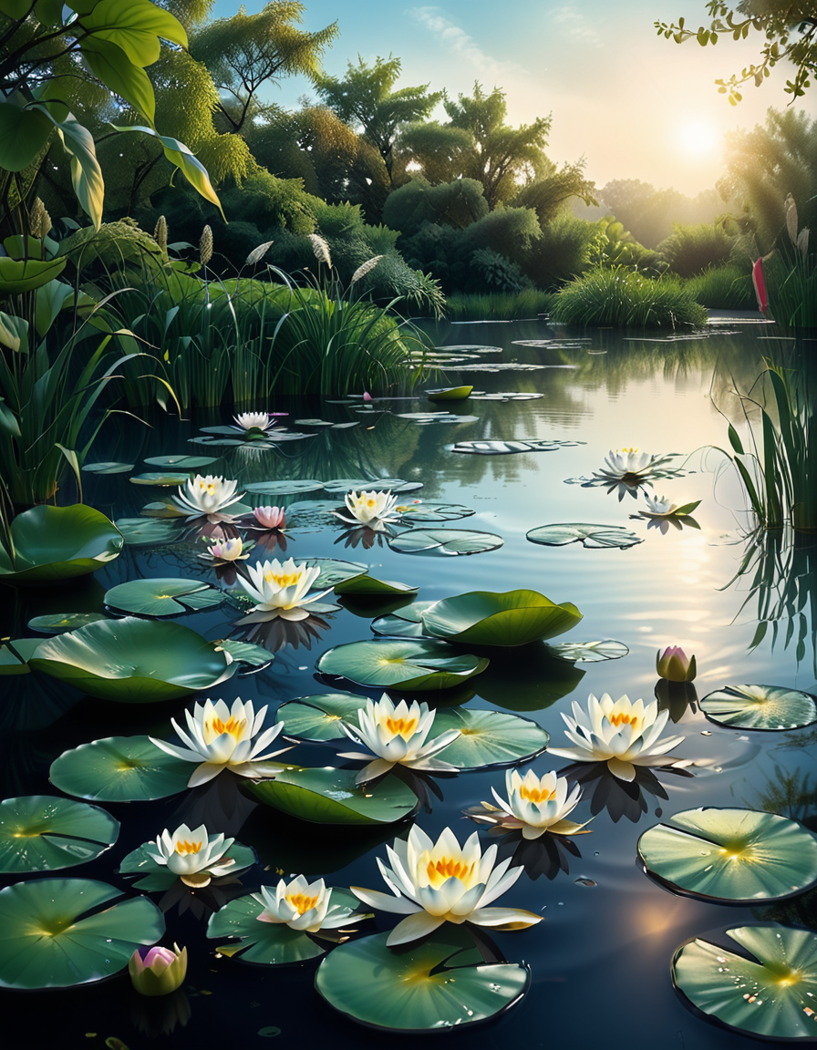 A highly detailed and realistic photograph of a serene lily pond surrounded by lush greenery. The calm water reflects the soft sunlight filtering through the overhanging trees. The surface is adorned with vibrant green lily pads, some with delicate pink and white water lilies in full bloom. A few dragonflies hover above the water, their wings catching the light. Gentle ripples create subtle distortions in the reflection of the sky and foliage. In the background, a dense array of reeds and aquatic plants frame the pond, adding depth and texture. The soft golden glow suggests late afternoon or early evening, enhancing the tranquil and picturesque atmosphere. The composition is balanced, drawing the viewerâs eye toward the natural beauty of the water lilies and their intricate details.
 <lora:SDXLFaeTastic2400:0.4> <lora:extremely_detailed:0.4> extremely detailed,<lora:lily_p0nd:1>,lily p0nd, Masterpiece,best quality,hi res,8k,hi res,8k,award winning,(sharp focus, intricate, highly detailed),