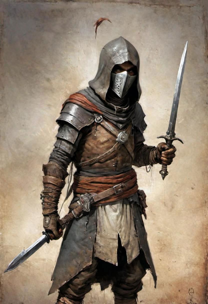 videogame art of (beggar clothes, human thief brigand, holding a iron rusty dagger,  wearing leather tunic, metal and cloth shaped helmet, sewn together), by Jean-Baptiste Monge and Nicola Samori, assassins' creed clothes