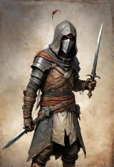 videogame art of (beggar clothes, human thief brigand, holding a iron rusty dagger, wearing leather tunic, metal and cloth shaped helmet, sewn together), by Jean-Baptiste Monge and Nicola Samori, assassins' creed clothes