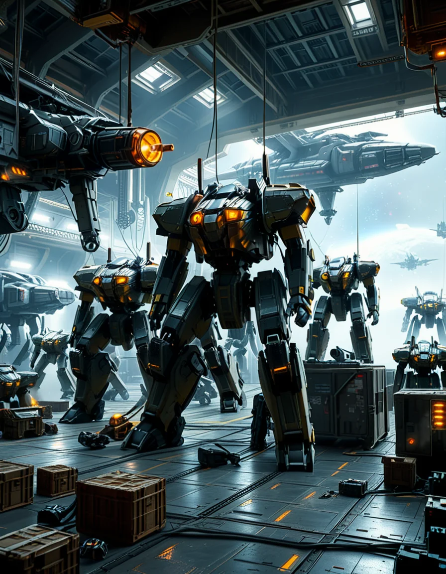 A massive, futuristic spaceship hangar filled with towering battle mechs undergoing maintenance. The hangar is dimly lit, with industrial lighting casting a cold, bluish glow over the metallic surfaces. The high ceiling is lined with steel support beams, catwalks, and suspended cranes used for repairing the massive war machines. The walls are adorned with warning signs, control panels, and illuminated holographic displays providing diagnostic data on the mechs. In the foreground, a colossal mech stands on a heavy-duty platform, its armored plating showing signs of battle damage, with exposed mechanical parts being worked on by robotic arms. The ground is marked with yellow hazard lines and scattered with tools, power cables, and spare parts. Steam rises from various vents, adding to the gritty, industrial feel. In the background, more mechs are stationed in docking bays, with their weapons and mechanical limbs being adjusted by automated repair systems. A large open bay door at the far end reveals the vastness of space, with distant stars and a massive planet visible beyond the hangar. The scene is detailed, immersive, and full of high-tech military sci-fi energy.
<lora:SDXLFaeTastic2400:0.4> <lora:extremely_detailed:0.4> extremely detailed,<lora:mechwarriors_spaceship_h4ng4r:1>,mechwarriors spaceship h4ng4r, Masterpiece,best quality,hi res,8k,hi res,8k,award winning,(sharp focus, intricate, highly detailed),