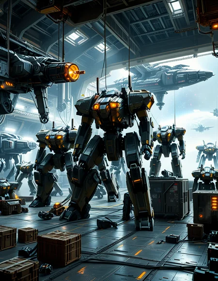 A massive, futuristic spaceship hangar filled with towering battle mechs undergoing maintenance. The hangar is dimly lit, with industrial lighting casting a cold, bluish glow over the metallic surfaces. The high ceiling is lined with steel support beams, catwalks, and suspended cranes used for repairing the massive war machines. The walls are adorned with warning signs, control panels, and illuminated holographic displays providing diagnostic data on the mechs. In the foreground, a colossal mech stands on a heavy-duty platform, its armored plating showing signs of battle damage, with exposed mechanical parts being worked on by robotic arms. The ground is marked with yellow hazard lines and scattered with tools, power cables, and spare parts. Steam rises from various vents, adding to the gritty, industrial feel. In the background, more mechs are stationed in docking bays, with their weapons and mechanical limbs being adjusted by automated repair systems. A large open bay door at the far end reveals the vastness of space, with distant stars and a massive planet visible beyond the hangar. The scene is detailed, immersive, and full of high-tech military sci-fi energy.
<lora:SDXLFaeTastic2400:0.4> <lora:extremely_detailed:0.4> extremely detailed,<lora:mechwarriors_spaceship_h4ng4r:1>,mechwarriors spaceship h4ng4r, Masterpiece,best quality,hi res,8k,hi res,8k,award winning,(sharp focus, intricate, highly detailed),