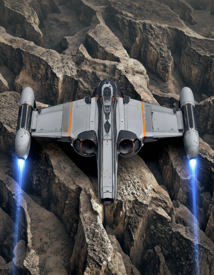 Art by Andrian Luchian. A 3d rendering shoot from a bird's eye view about a futuristic spaceship flying over a rocky terrain. the image also shows two blue streaks of light emanating from the spacecraft. on the center of the image, a small, futuristic spaceship with a sleek, metallic design and two large, circular engines on either side. The spacecraft has a grey and black color scheme with orange accents. it appears to be in mid-flight, with the spacecraft in the foreground and the rocky terrain in the background. the spacecraft is positioned in the center, with its wings spread wide, giving a sense of movement. the blue streaks appear to be emanating from either side of the spacecraft, adding a dynamic element to the image.