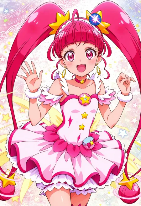 precure,  star twinkle precure,  cure star,  hoshina hikaru, official art, highres, vibrant colors, clean details, sharp lines, eroanime, small breasts,crisp details, clear image, <lora:HandFineTuning_XL:1>,
shiny skin, <lora:starpri.il:0.7>, starpri, 1girl, solo, curestar, short purple hair, star-shaped hair accessories, yellow star earrings,, pink dress, white bloomers, frilled dress, 
looking at viewer, cowboy shot,
<lora:dmd2_sdxl_4step:1>
BREAK, confident expression, thighs, sensual,