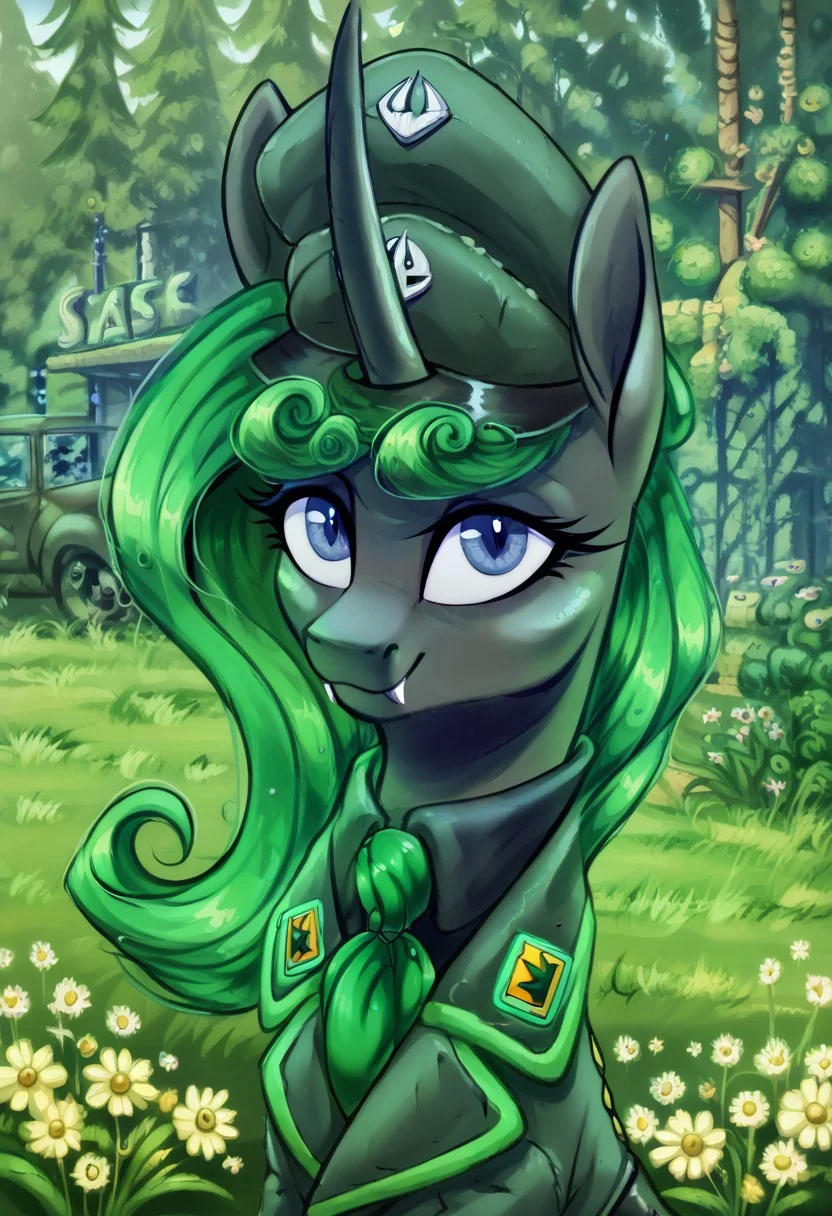 masterpiece, score_9_up, score_8_up, score_7_up, score_6_up, (best quality:1.1), ultra-detailed, high resolution, 1character, Aurantia, changeling queen oc, mlp, feral, black skin, long mint-green mane, (((beautiful detailed dark blue eyes))), long eyelashes, single horn, ears, closed mouth, smile, military uniform, military patches, green necktie, peaked cap, fangs, detailed facial features, full body, expressiveh, simple background, highly visible, sharp focus, anatomically correct, Equestria at War, Post-apocalypse, gas pipes Aurantia, Portrait of the leader, gas plant, looking at the camera, smiling