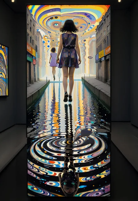 lost painting by Gustav Klimt during his vibrant cathode ray tube static period. The painting depicts a young girl walking on a pond made of light at the center of a brutalist city, her head refracted by a prism into flowing static.