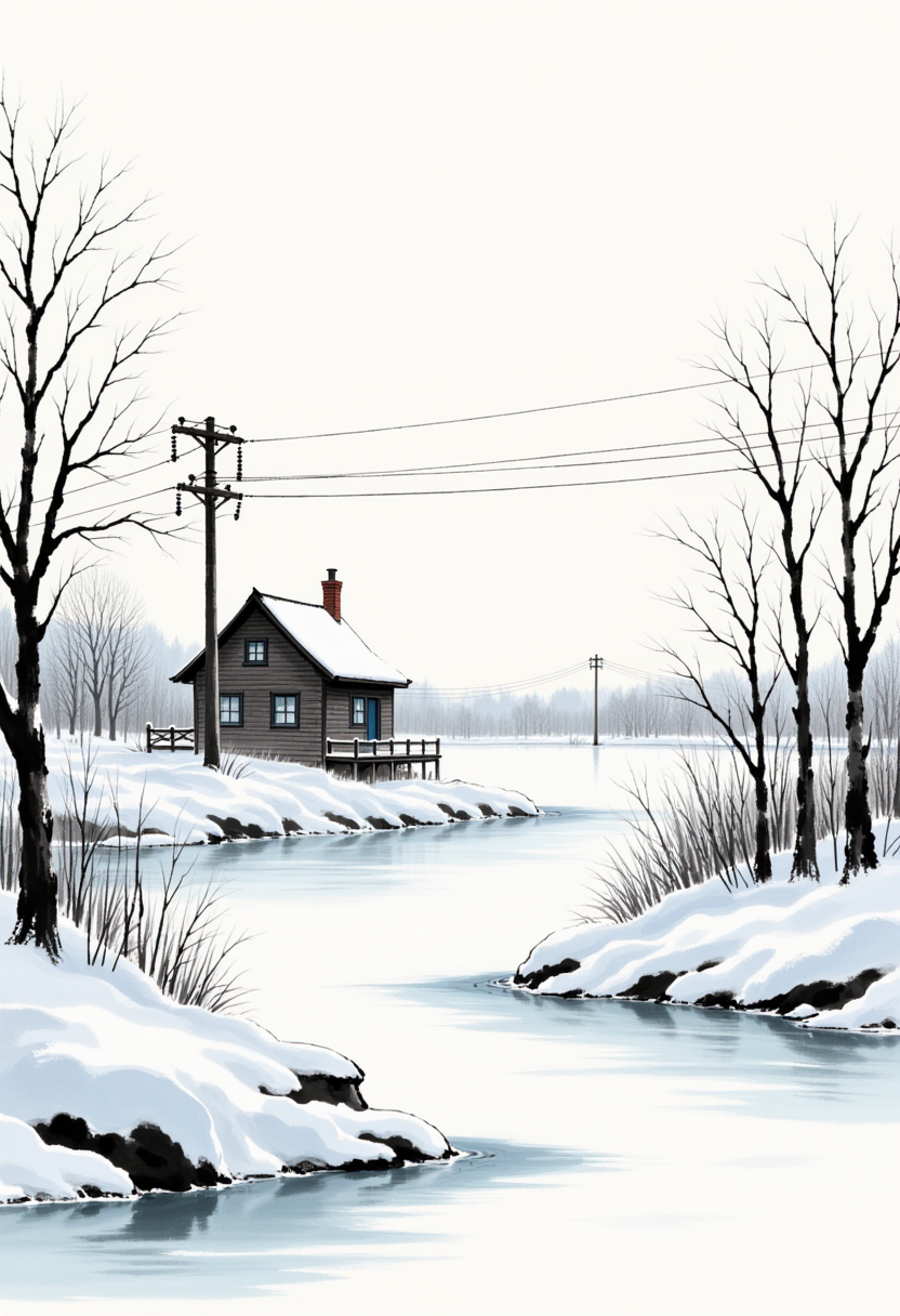 A rural winter landscape featuring a solitary cabin beside a frozen lake, surrounded by bare trees covered in snow. ((Transmission tower:1.5)) and utility poles stand in the distance. The scene is captured in daylight with gentle sunlight illuminating the snow-covered scenery. The composition presents a distant view of the single house in a tranquil winter countryside setting. ((Masterpiece)), (best quality), highly detailed, traditional media ink wash painting style, very aesthetic. <lora:Shuimozhuangshi_Ink_wash_painting_style_v2.5:1>