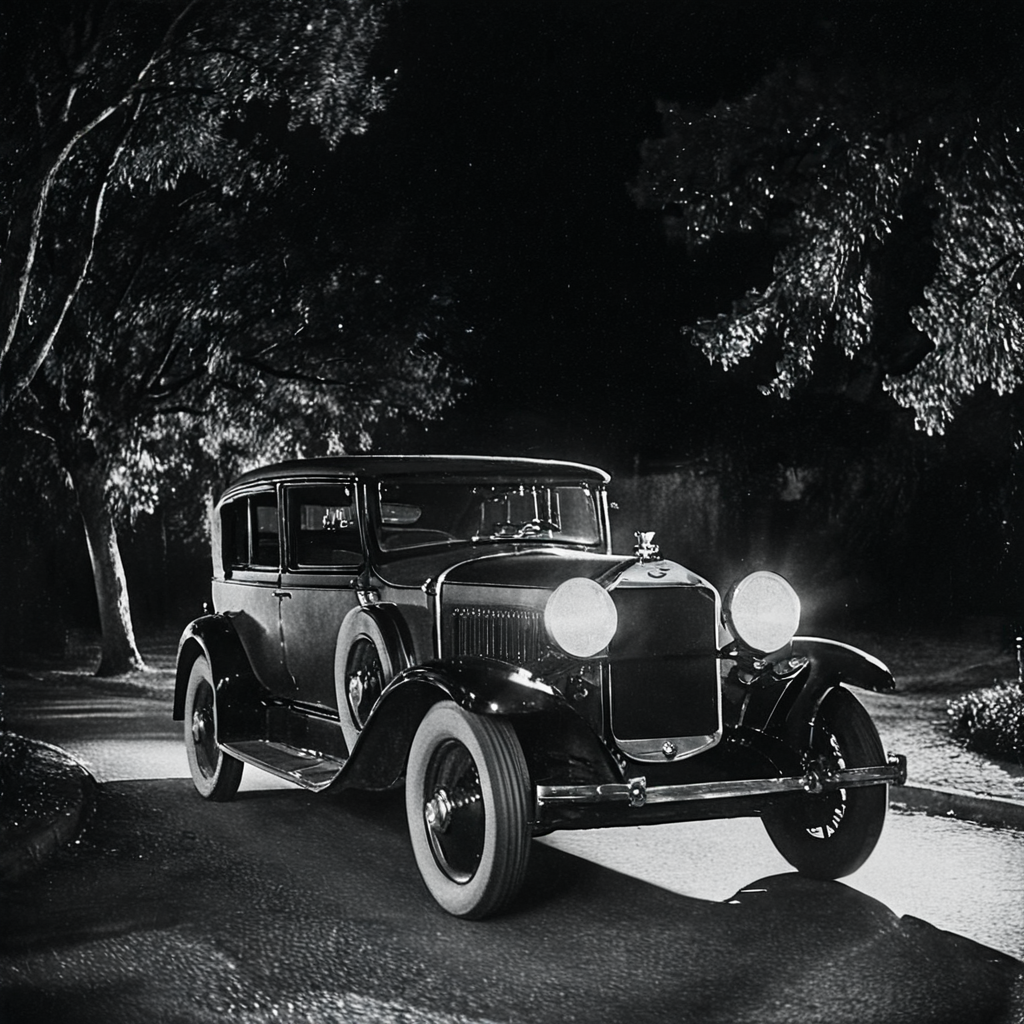 <lora:20s_Silent_MovieSDXL:1> ArsMovieStill, 20s Silent Movie Still, Black and White, The image is a black and white photograph of a vintage car at night. The car is a 1930s model with a curved roof and a large front grille. It is parked on a street at night with trees and bushes in the background. The photo is taken from a low angle looking up at the car from the side. The front of the car is illuminated by two large round headlights which are turned on and casting a warm glow on the surrounding area. The headlights are turned off creating a dappled effect on the car's body. The overall mood of the image is dark and mysterious., ground vehicle, motor vehicle, monochrome, car, greyscale, vehicle focus, night, no humans, outdoors, road