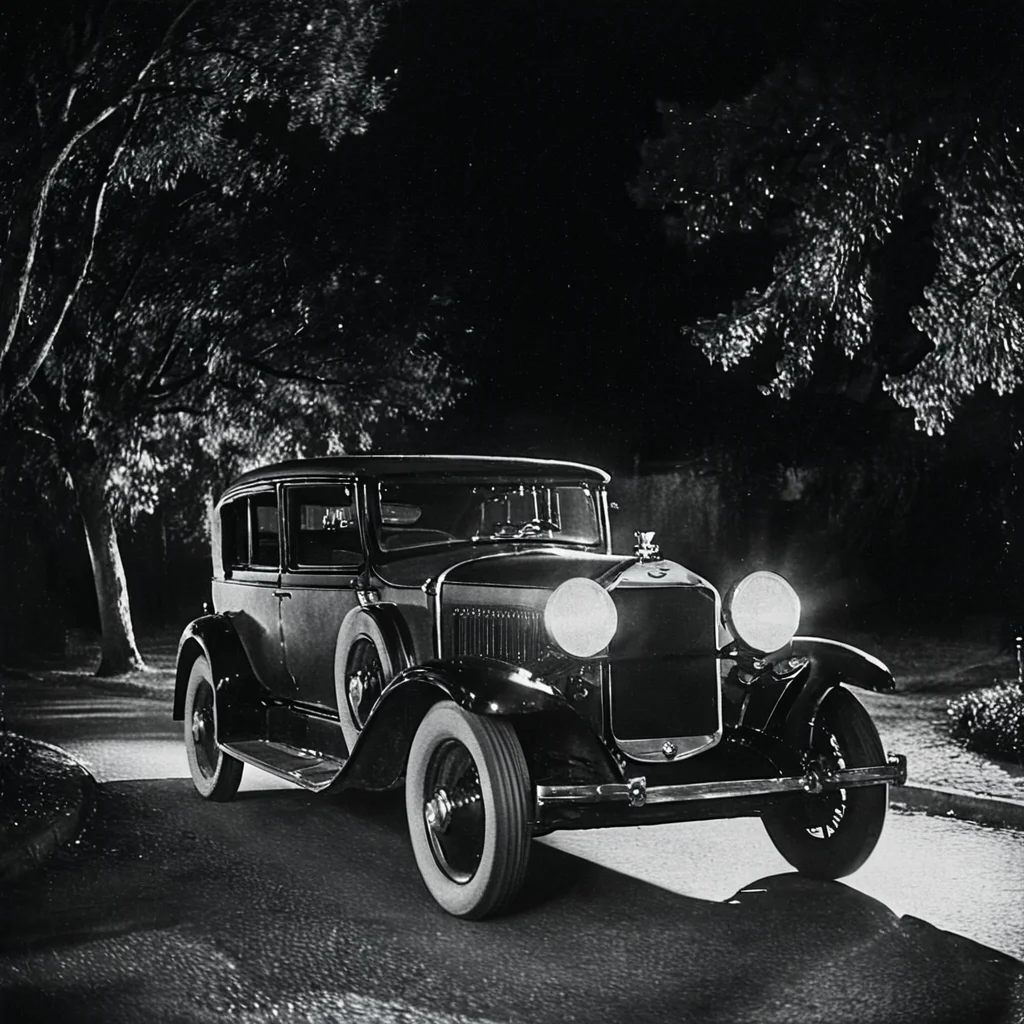 <lora:20s_Silent_MovieSDXL:1> ArsMovieStill, 20s Silent Movie Still, Black and White, The image is a black and white photograph of a vintage car at night. The car is a 1930s model with a curved roof and a large front grille. It is parked on a street at night with trees and bushes in the background. The photo is taken from a low angle looking up at the car from the side. The front of the car is illuminated by two large round headlights which are turned on and casting a warm glow on the surrounding area. The headlights are turned off creating a dappled effect on the car's body. The overall mood of the image is dark and mysterious., ground vehicle, motor vehicle, monochrome, car, greyscale, vehicle focus, night, no humans, outdoors, road