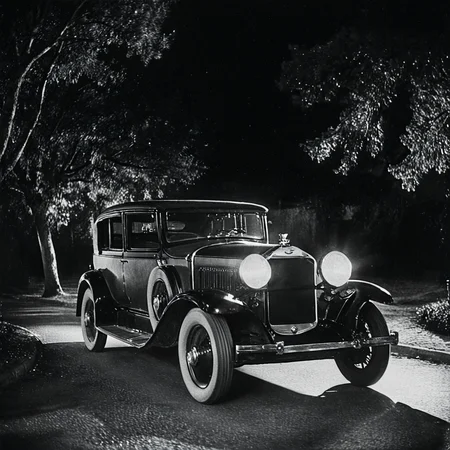 <lora:20s_Silent_MovieSDXL:1> ArsMovieStill, 20s Silent Movie Still, Black and White, The image is a black and white photograph of a vintage car at night. The car is a 1930s model with a curved roof and a large front grille. It is parked on a street at night with trees and bushes in the background. The photo is taken from a low angle looking up at the car from the side. The front of the car is illuminated by two large round headlights which are turned on and casting a warm glow on the surrounding area. The headlights are turned off creating a dappled effect on the car's body. The overall mood of the image is dark and mysterious., ground vehicle, motor vehicle, monochrome, car, greyscale, vehicle focus, night, no humans, outdoors, road