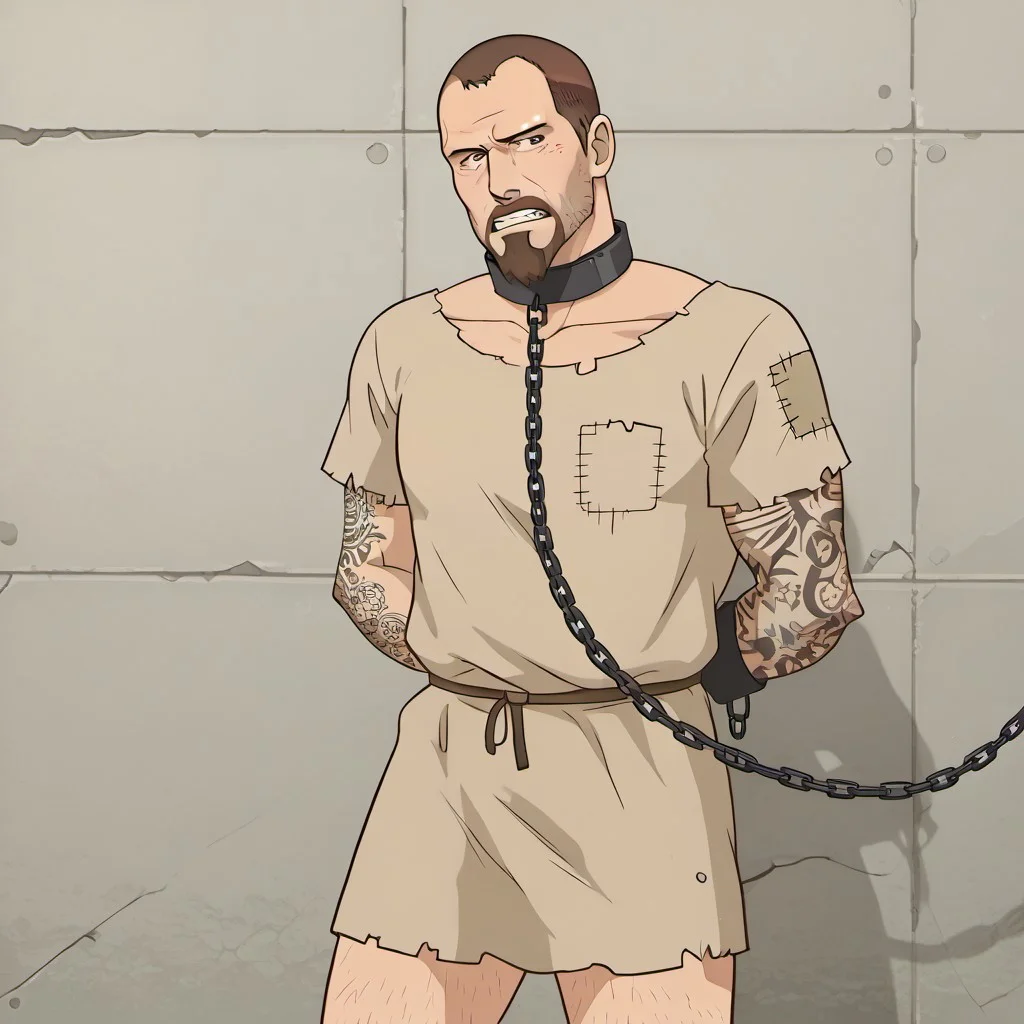 masterpiece, best quality, indoors, cinematic lighting, amazing quality, very aesthetic, absurdres, best quality, 4k, upscale, source anime, 1man, solo, FrancisL4D, source_game, male, solo male, human, broad shoulders, mature male, brown eyes, muscular male, athletic build, sleeve tattoos, shaved head, very short hair, very short brown hair, goatee, mustache, facial hair, stubble, scruffy, tough, rugged, manly, teeth, frown, angry,
hetalia slave outfit,patched clothing, arm shackles, chain, collar, leash, belt,leg shackles, thighs, standing, portrait, arms behind back, gray background,