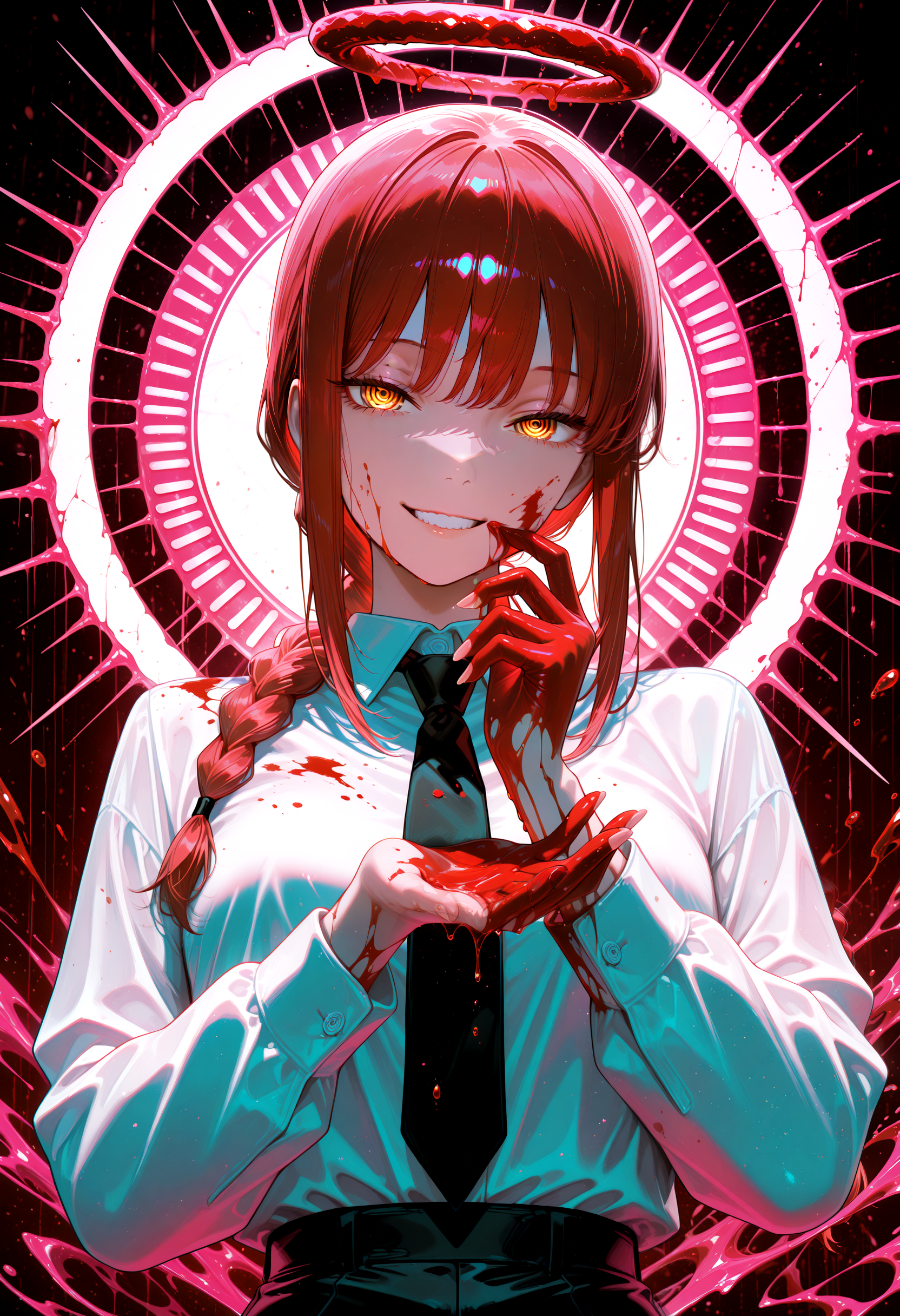 lazypos, official art, (beautiful and aesthetic: 1.3),
1girl, long hair, looking at viewer, smile, bangs, shirt, long sleeves, yellow eyes, upper body, braid, red hair, teeth, collared shirt, artist name, signature, fingernails, blood, halo, red background, braided ponytail, blood on face, blood on clothes, ringed eyes, blood on hands, makima \(chainsaw man\), (((neon theme))), dark theme, vivid color, masterpiece, best quality, amazing quality, very aesthetic, absurdres, depth of field,