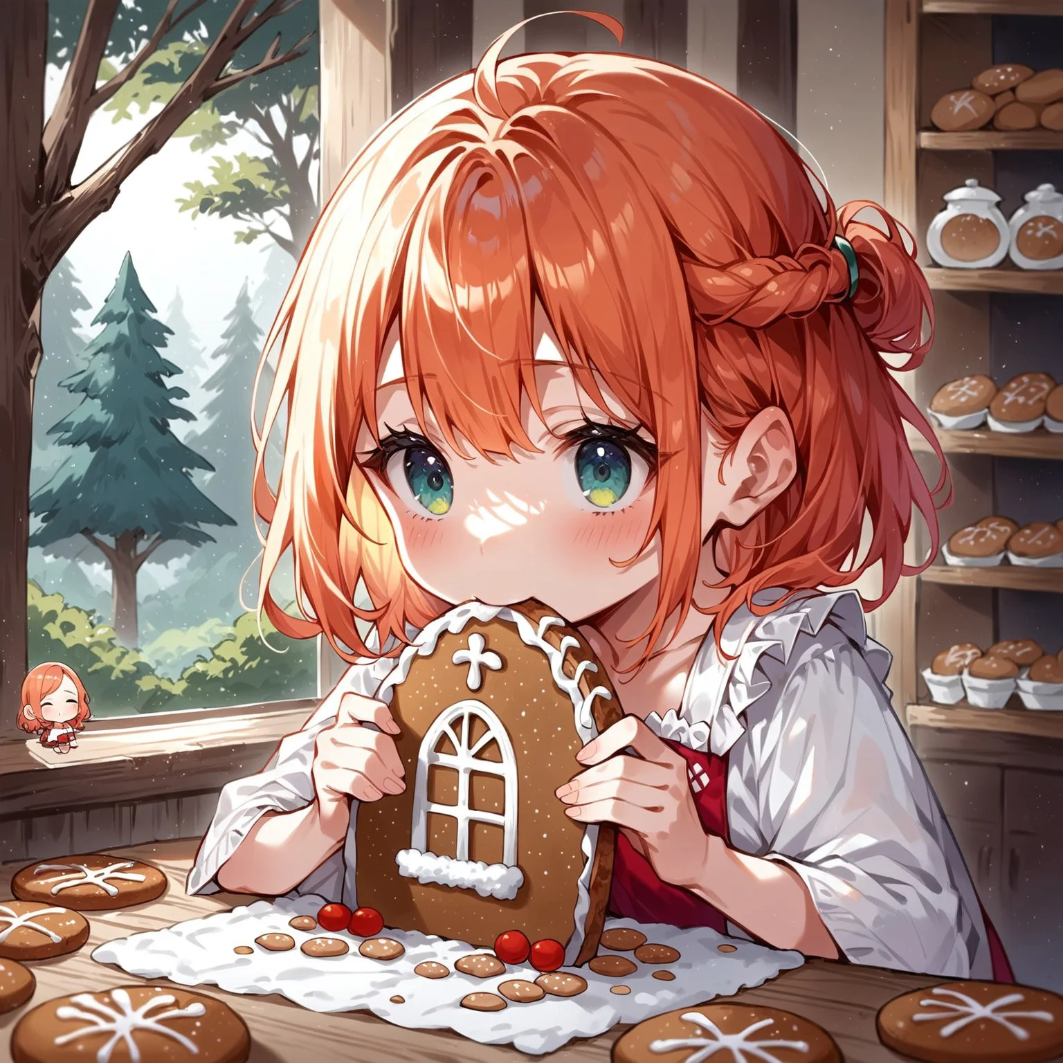 score_9, score_8_up, score_7_up, source_anime, 2girls,(ultra HD quality details), anime, slightly chibi, one girl is looking outside of the window of a gingerbread house, gingerbread house, has a surprised expression, the other girl is biting into the gingerbread house, biting gingerbread, (detailed image, high resolution, 5k resolution:1.0), Expressiveh, warm lighting, forest, autumn, closeup