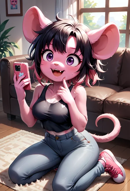 score_9, score_8_up, score_7_up, score_6_up, score_5_up, score_4_up, solo, 1girl, furry, female mouse, (pink fur:1.5), messy black hair, violet eyes, large eyes, petite, shortstack, medium breasts, (talking on phone:1.2), little fangs, Furry Mix, (cute:1.2), soft face, black glossy tanktop, (grey jeans:1.2), (pink sneakers:1.2), (blush:1.15), excited, kneeling, (red IncursioDipDyedHair:1.15), masterpiece, detailed, high resolution, (five fingers:1.2), perfect anatomy, living room, source_furry, rating_safe