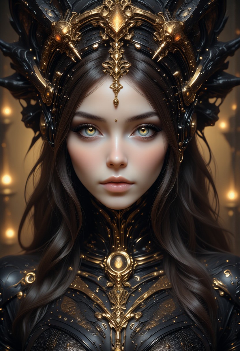 score_9, score_8_up, score_7_up, realistic, elle,  cute, petite, (big beautiful eyes:1.2), gorgeous girl, cute face, 18yo, slim body, small perky breast, 8K, long wavy hair. majestic futuristic portrait. female figure. pale porcelain-like face. delicate facial features. Touch of mystery and grace. Elaborately designed, artistic headdress.  black and gold filigree complex details. advanced technology.  A dress. complex details. black. high collar. Mixed leather, lace and fine silk.  golden embroidery. glowing pendant. antique elegance.  futuristic functionality. Elle, Midjourney style, hkmagic