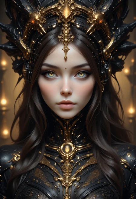score_9, score_8_up, score_7_up, realistic, elle, cute, petite, (big beautiful eyes:1.2), gorgeous girl, cute face, 18yo, slim body, small perky breast, 8K, long wavy hair. majestic futuristic portrait. female figure. pale porcelain-like face. delicate facial features. Touch of mystery and grace. Elaborately designed, artistic headdress. black and gold filigree complex details. advanced technology. A dress. complex details. black. high collar. Mixed leather, lace and fine silk. golden embroidery. glowing pendant. antique elegance. futuristic functionality. Elle, Midjourney style, hkmagic