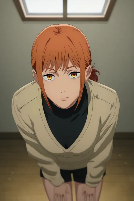 score_9, score_8_up, score_7_up, source_anime, rating_safe, intricate details, (realistic:0.6), looking at viewer, depth of field, 1girl, amber eyes, copper hair, turtleneck, black shorts, solo, from above, armory, indoors, dark, legs together, :o, <lora:chainsaw_man_style_pony:0.8>, chainsaw_man_style, , <lora:sdxl_lightning_8step_lora:1>