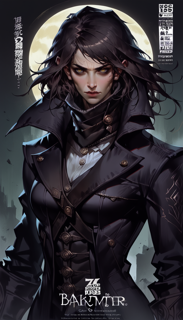 score_9, score_8_up, score_7_up, expressiveh, 1female, glowing yellow eyes, stubble,   <lora:ph4nt0m01lXLP:0.4>, ph4nt0m01l,, realistic, dark theme, low light,  fit body, slim,  cover page, magazine cover,
  <lora:Fant5yP0ny Style:0.7>,  
 <lora:Concept Art DarkSide Style LoRA_Pony XL v6:0.4> concept art, realistic, dark theme, low light, portrait, upper body shot,
<lora:JAV_Cover_V2:0.8> jav cover
 <lora:Zeronis_Style:0.8> zeronis,
 <lora:Bloodborne_Hunter_set:0.8> leather coat, long coat, leather pants, hunter garb, hunter gloves, hunter trousers,