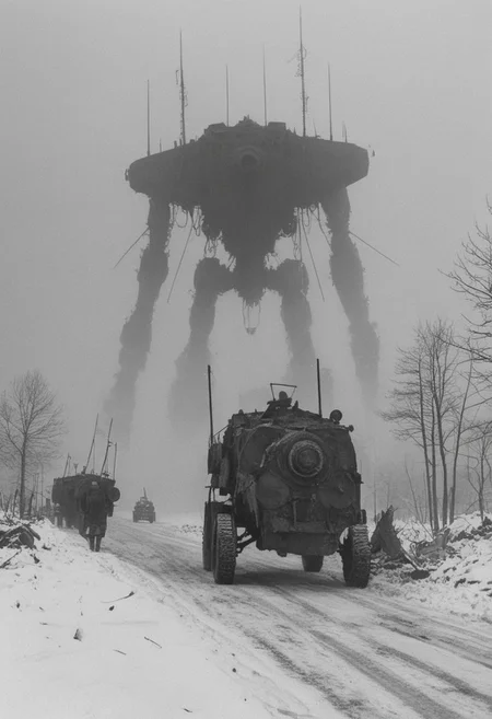 monochrome, photo, old photo,blurry, low quality, old photo defects, world war 1, steam punk technology, automatons, battlefield, destroyed city,rubble, collapsed buildings, snow, winter, fires, artillery, Thick fog, strange shaped robots moving in the distance,large robots, large automatons marching along, antenna, wires, consistent design,looking at viewer, scary,  damaged robots, trench warfare, no mans land, large robots,(( art style of simon stalenhag))