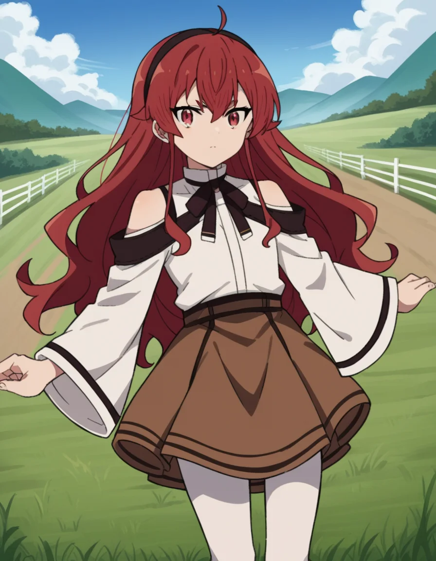 score_9, score_8_up, score_7_up, source_anime,
erisgreyrat, <lora:eris-boreas-greyrat-s1-ponyxl-lora-nochekaiser:1>,
eris greyrat, ahoge, hair between eyes, long hair, red eyes, red hair, sidelocks,
black hairband, black ribbon, brown skirt, hairband, long sleeves, neck ribbon, pantyhose, ribbon, shirt, shoulder cutout, skirt, white pantyhose, white shirt, wide sleeves,
outdoors, landscape, farm,
looking at viewer, dutch angle, cowboy shot,