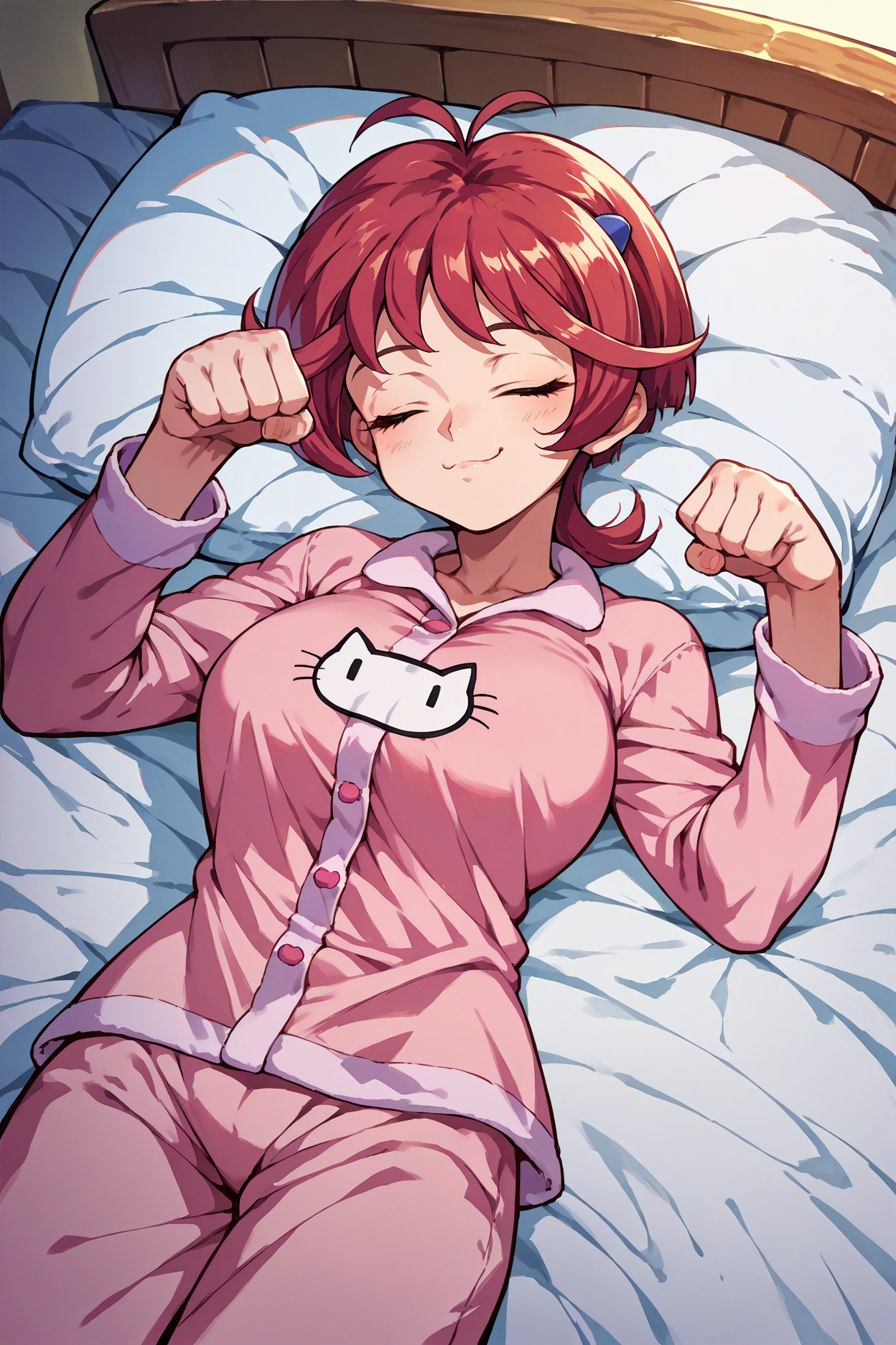 score_9, score_8_up, score_7_up, score_6_up, source_anime, 1girl, solo, <lora:aoianna-pdxl-nvwls-v1-000005:0.9> aoianna, red hair, antenna hair, short hair, hair ornament, large breasts, cat pajamas, pink pajamas, closed eyes, smug, paw pose, sleeping, bed, pillow