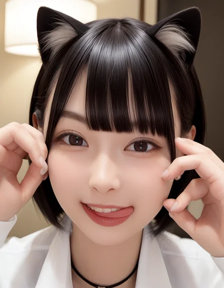 score_9, score_8_up, score_7_up,
(Composition from the chest up),
Beautiful Japanese Girl, Bobcut with bangs, Puffy face,
Looking At Viewer, Cat pose, cat ears,
It's a subtle and flirtatious expression, Wink, close one eye,
White collared blouse, Illuminated hotel room,
sticking out side tongue, peromilk, <lora:peromilk:0.8>