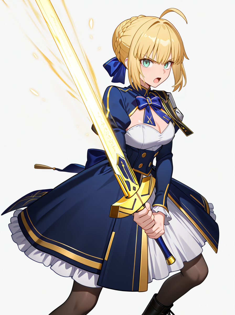 masterpiece, best quality, amazing quality, very aesthetic, absurdres, newest,shiny skin,  anime coloring, anime screenshot,  <lora:SabrHonkaiStarRail:1>saberhsr, blonde hair, 1girl, solo, ahoge, pantyhose, dress, boots, ribbon, braid, green eyes, blue dress, hair ribbon, long sleeves, bow,  simple background,  white background, excalibur \(fate/stay night\),  holding sword,  open mouth, looking at viewer,