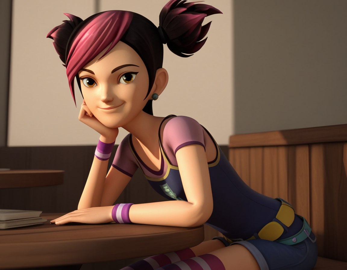 score_9, score_8_up, score_7_up, source_anime, <lora:miko-nakadai-cartoon-ponyxl-lora-nochekaiser:1>, miko nakadai, short hair, black hair, pink hair, multicolored hair, two-tone hair, twintails, streaked hair, 3d,, jewelry, earrings, wristband, camisole, shirt, short sleeves, striped, striped kneehighs, belt, shorts, denim,, indoors, smile, looking at viewer, solo, sitting, head rest, table,, cowboy shot, dutch angle