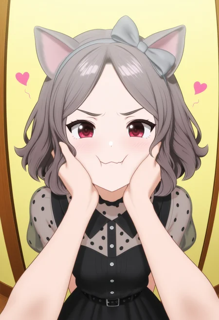(best quality:1.1),ultra-detailed,high resolution,super detailed skin,beautiful detailed eyes,8k,sharp focus,beautiful,beautiful eyes,anatomically correct,anatomically correct face,extremely detailed eyes,smooth edges,beautiful face,symmetrical eyes,symmetrical face,smile,
cheek squash,pov hands,heart hands,pov,hands on another's face,
<lora:TOMO_v2_illustrious-000040:1>,
GBC_TOMO,1girl,solo,red eyes,bangs,short hair,wavy hair,brown hair,short sleeves,puffy sleeves,polka dot short sleeve,black skirt,see-through sleeves,gray hairband,gray hair bow,bow hairband,belt,buckle,buttons,
1girl,solo,long hair,masterpiece,best quality,amazing quality,pout,Tsundere,closed eyes,cat ears,:3,cat_girl,blush