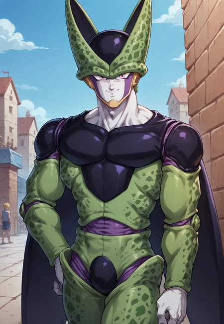 score_9, score_8_up, score_7_up, source_anime, celldb, 1boy, solo, colored skin, white skin, purple markings, green spotted exoskeleton, black plates, wings, pink eyes, purple veins, smile, looking at viewer, BREAK, outdoors