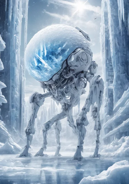 EVA-01 TEST TYPE,ultra-high precision detail,8k,<lora:ç§å¹»-éªåé»çº¢sdxl:0.6>,ice,snow,the surface of this distant planet is covered with white ice,for tens of thousands of years as the temperature drops,huge artificial urban structure stuck in ice,equipment and machinery in the city have long ceased to function,only the ice-locked form stands on the ice sheet,like a predatory monster,it shows the outline of its bones,(Masterpiece, high quality, best quality, official art, beauty and aesthetics:1.2),robot joints,exquisite,metal crystal,photon force field,