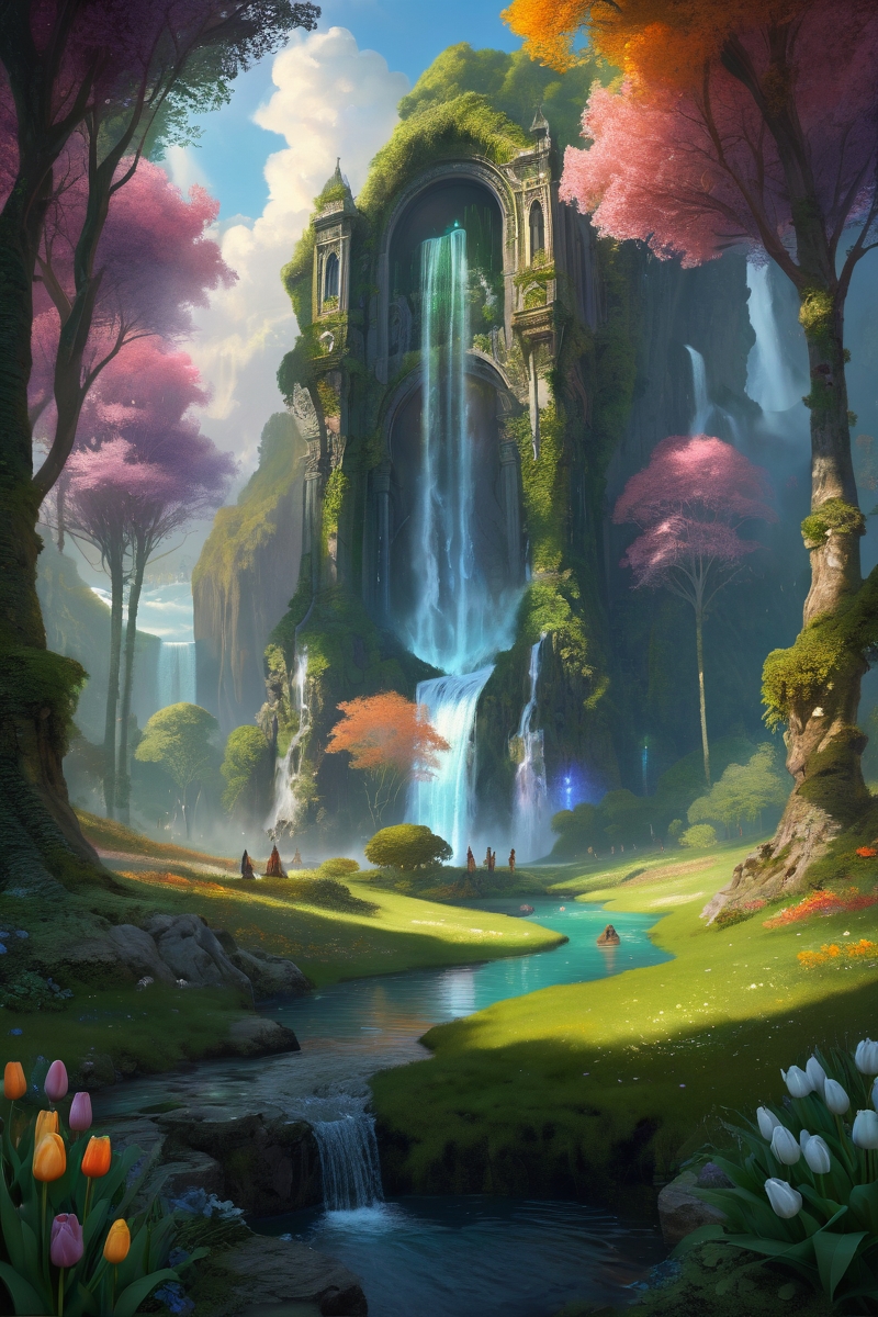 ancient forest with stone circle ,fey courts hidden behind waterfalls of liquid rainbows, where pixie assassins duel with thorn-blades through gardens of singing tulips, ocean, rainbow morning,weather sweaty with tension cinematic view, epic sky, detailed, concept art, high angle, high detail, warm lighting, volumetric, godrays, vivid, beautiful, trending on artstation, by wlop, huge scene, grass,flower, art greg rutkowski,