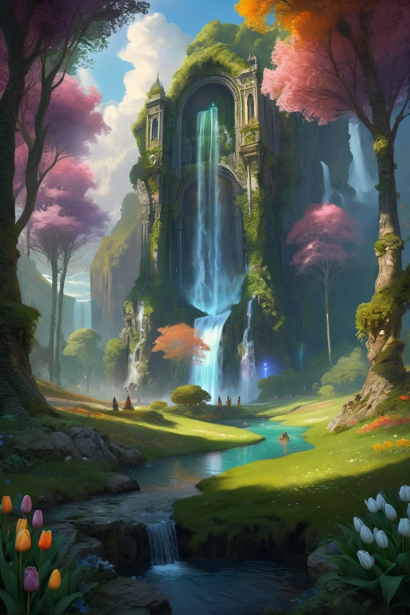 ancient forest with stone circle ,fey courts hidden behind waterfalls of liquid rainbows, where pixie assassins duel with thorn-blades through gardens of singing tulips, ocean, rainbow morning,weather sweaty with tension cinematic view, epic sky, detailed, concept art, high angle, high detail, warm lighting, volumetric, godrays, vivid, beautiful, trending on artstation, by wlop, huge scene, grass,flower, art greg rutkowski,