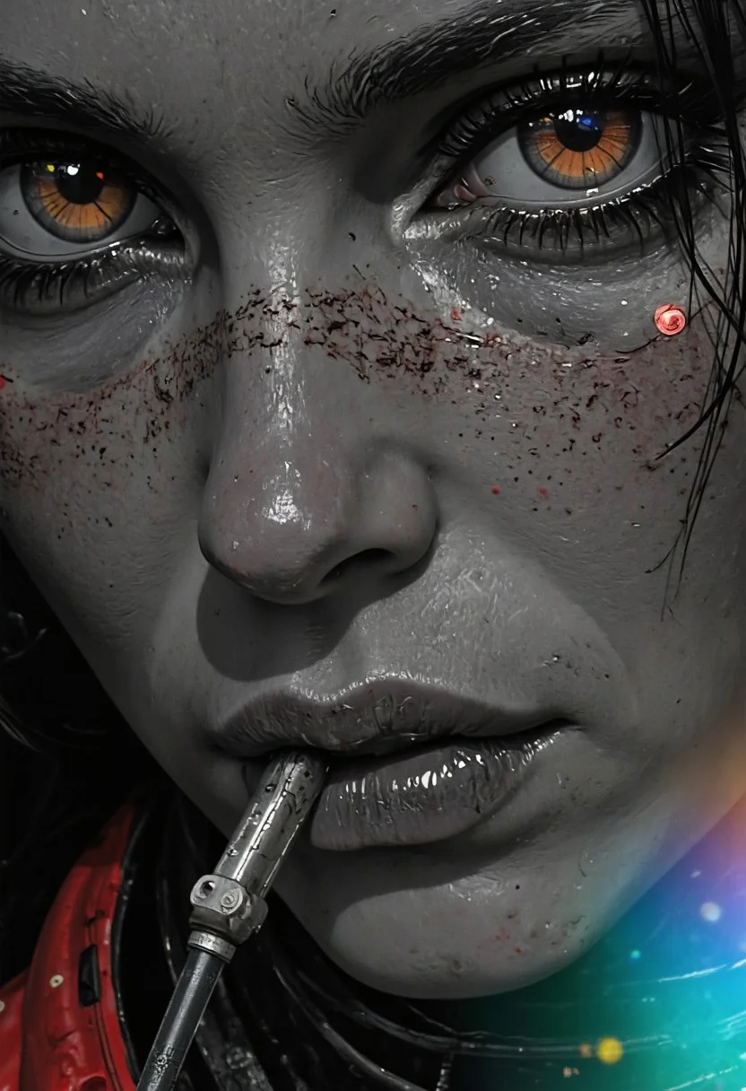 A highly detailed drawn Monochrome Manga close-up of a Sci-fi Cyborg ninja nun in 70s style with bold eyeshadow. Her face is softly illuminated, exuding a mysterious allure. The eyes are adorned with striking, DARK grey-orange eyeshadow and eye-lashes that accentuates her deep, expressive gaze. Her wired hair is tucked under a classic nun's habit, and the contrast between her simple white garment and the vibrant fantasy armor enhances the eye-catching cinematic look. Her lips are slightly parted, adding a hint of playfulness, while soft shading highlights the curves of her face. The monochrome background enhances the timeless elegance, while subtle color accents, such as a gentle glow on her lips, enhance the atmosphere of dark enchantment.
Nistyle, monochrome analog photo, extreme face close-up, a captivating ethereal nun, royal aura, alluring charm, hyper-detailed photorealistic, with vibrant neon color highlights, gray, white, and soft pastel tones.