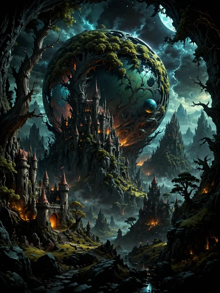 High Fantasy Realms, Create landscapes that could be the setting of a fantasy book, featuring mythical creatures and monsters, ancient castles or enchanted forests. detailed image, 8k high quality detailed, shaped sphere, amazing wallpaper, digital painting highly detailed, 8k UHD detailed oil painting, mythical nightscapes, fantasy art, cover art, <lora:zavy-cntrst-sdxl:0.8> dark, chiaroscuro, low-key <lora:sss:0.8> <lora:add-detail-xl:0.8> <lora:EdobHorrorLandscape_XL_v1.0:0.8> EdobHorrorLandscape