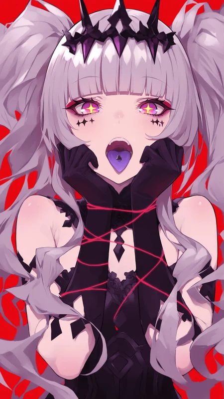 masterpiece, amazing quality, best quality, Smooth Quality, lam style, sketch, 1girl, solo, long hair, looking at viewer, open mouth, bangs, simple background, red eyes, purple eyes, multicolored eyes, wavy hair, dress, upper body, elbow gloves, grey hair, teeth, tongue, tongue out, blunt bangs, black dress, facial mark, tongue piercing, crown, red background, hands on own face, string, purple tongue, +_+, <lora:LAM_style-illustrious-v1-3:0.9>, <lora:Add_Details_v1.2:2>, <lora:NOOB_vp1_detailer_by_volnovik_v1:0.5>