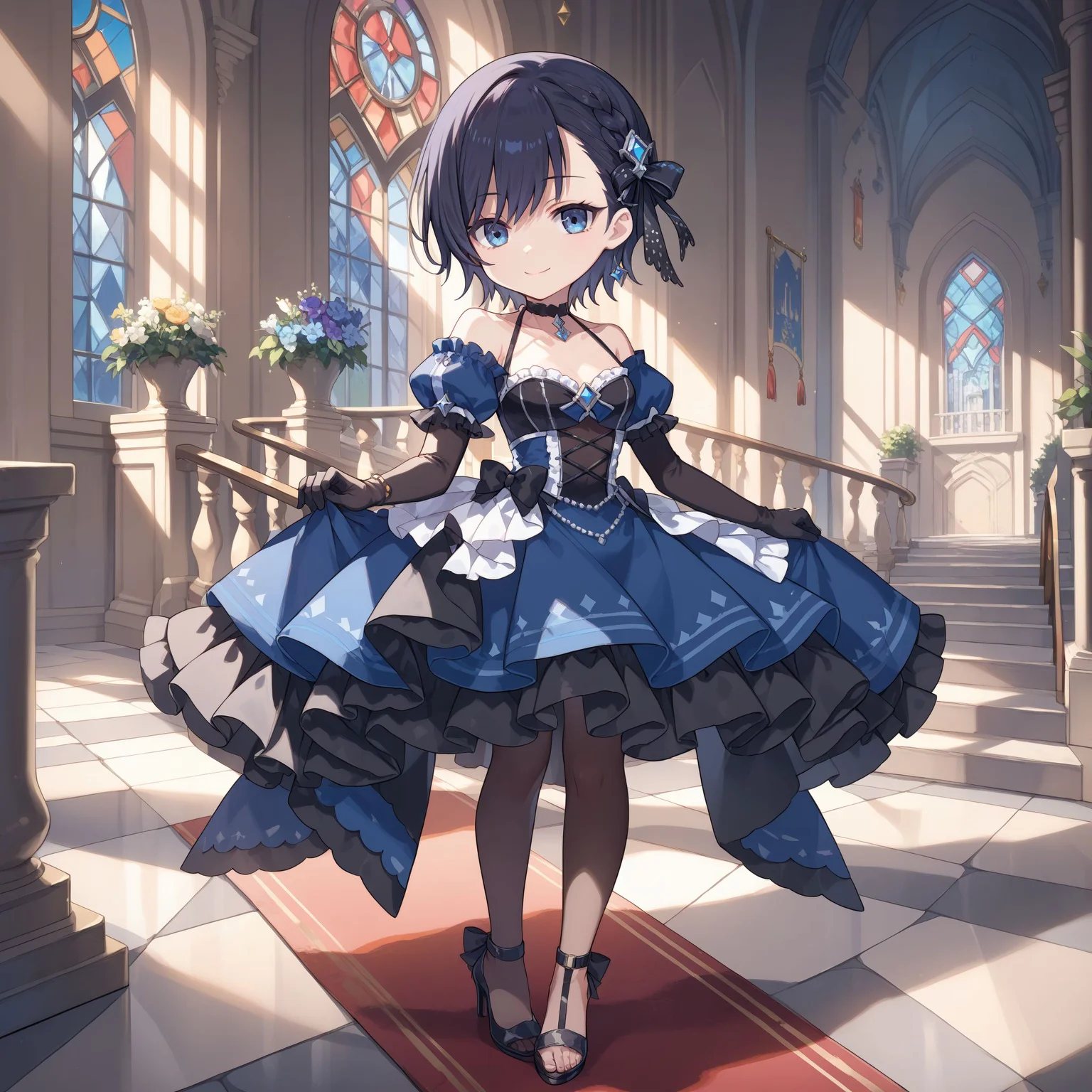 score_max, (score_9, score_8_up, score_7_up:1.2), score_6_up, official art,
masterpiece, absurdres, high detail, 8k,
castle, stone floor, stairs, red carpet,
standing, light smile,
(chibi:1.2), solo, cattleya,blue dress, frills, halterneck, high heels, gem, choker,long sleeves, puffy sleeves, layered sleeves, black gloves, elbow gloves, black pantyhose, leotard
<lora:XL_Pony_gomaotsu-cattleya-t1:0.9>