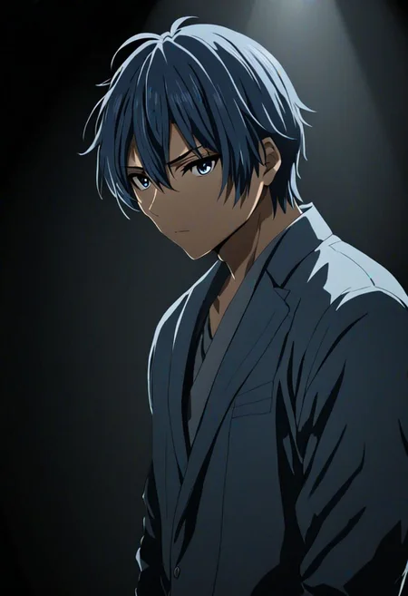 high resolution, solo, best quality, 1Boy, Tomoya Okazaki, Grey Blue Hair, cool, Mysterious black background, Movie lighting, a sense of atmosphere, OverallDetail
