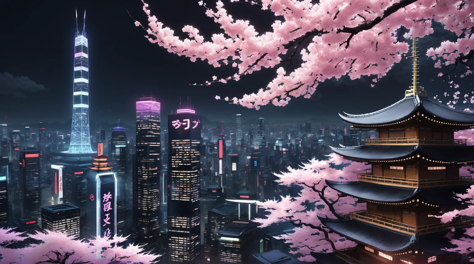 (Anime style), (cel shaded), Neon-lit streets pulse with energy as cybernetic samurai duel atop skyscrapers. Hovering ramen stalls emit savory aromas, drawing hungry patrons. In the heart of Neo-Tokyo, a colossal holographic dragon coils around a digital cherry blossom tree. Its eyes—glowing orbs of code—lock onto a lone hacker perched on a rooftop. The hacker’s wristband pulses with forbidden knowledge, and the dragon’s gaze intensifies.