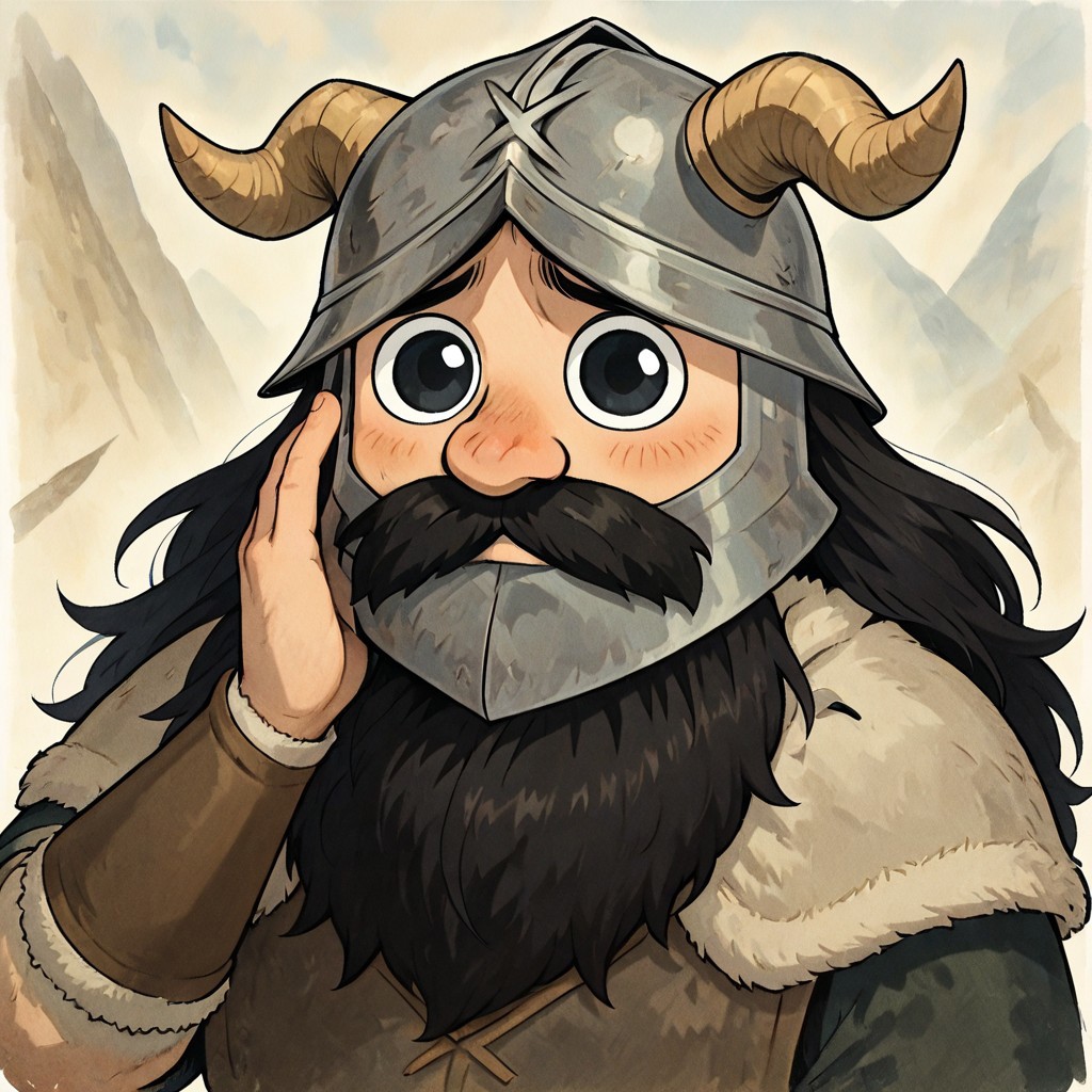 masterpiece, best quality, newest, absurdres, highres, P/PEV1.0, pleading eyes, 1boy, Senshi \(dungeon_meshi\), dwarf, helmet, horns, horned helmet, fake horns, beard, black eyes, black hair,